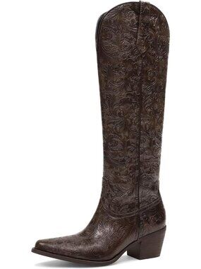 Women's Brown Rubber Embossed Western Pointed Toe Comfortable Knee High Boots